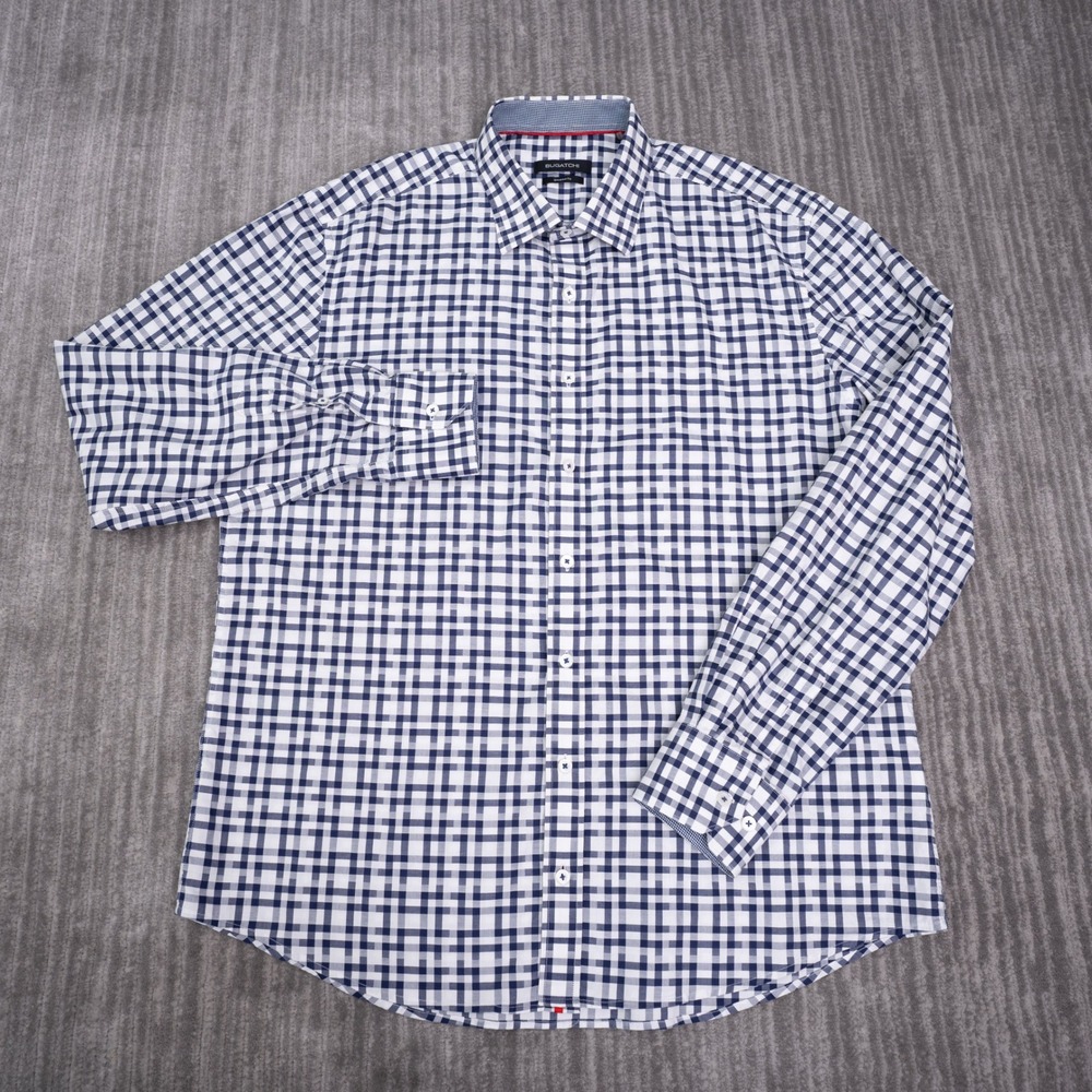 Bugatchi Button Down Shirt Mens XL Blue White Gingham Excellent Shaped Fit